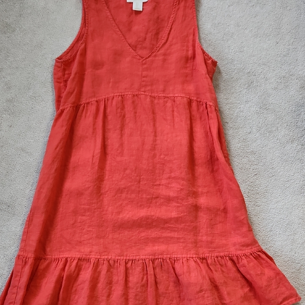 Sleeveless Orange Straight Ruffled Linen Bottom V-Neck Dress - Small